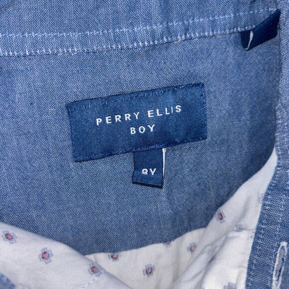 Boys Perry Ellis White/Blue Patterned Button Down Short Sleeve Shirt Size 8 - Picture 2 of 4